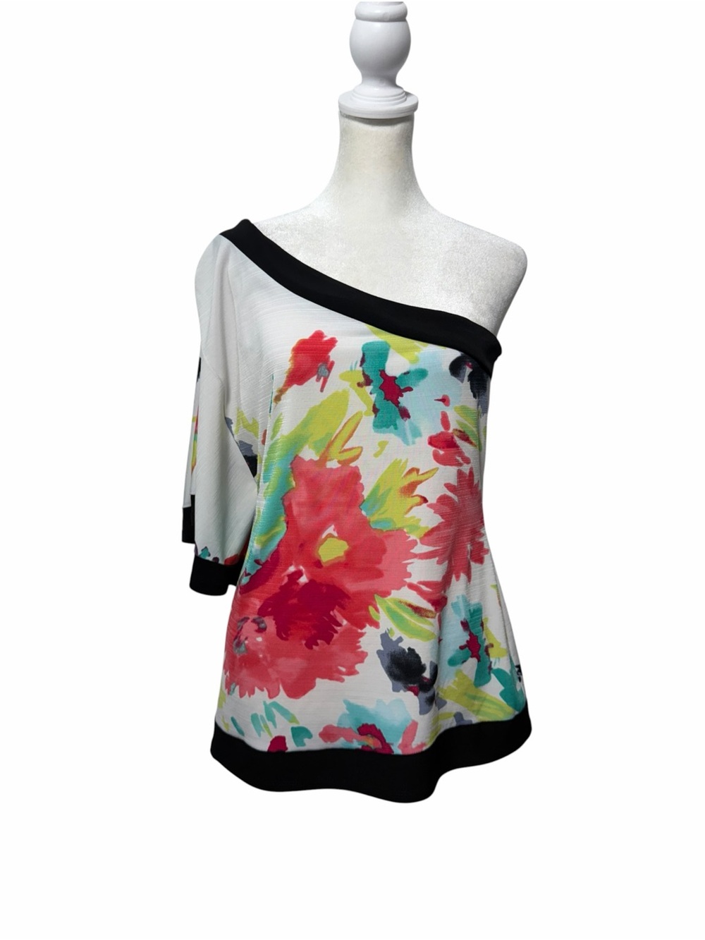 Wrapper One Shoulder Floral Top Watercolor Black Trim Size Large